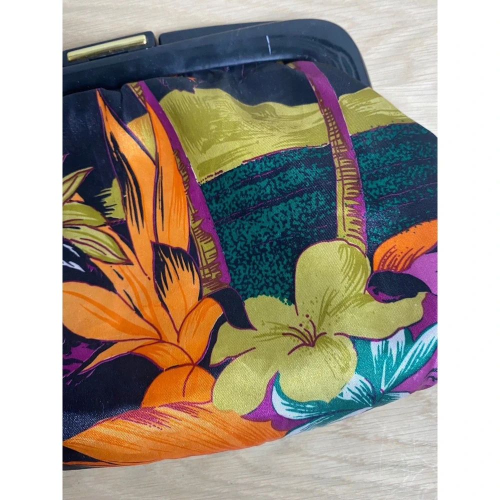 Vintage 70s 80s Tropical Floral Satin Clutch Bag Black Orange Hibiscus Tiki